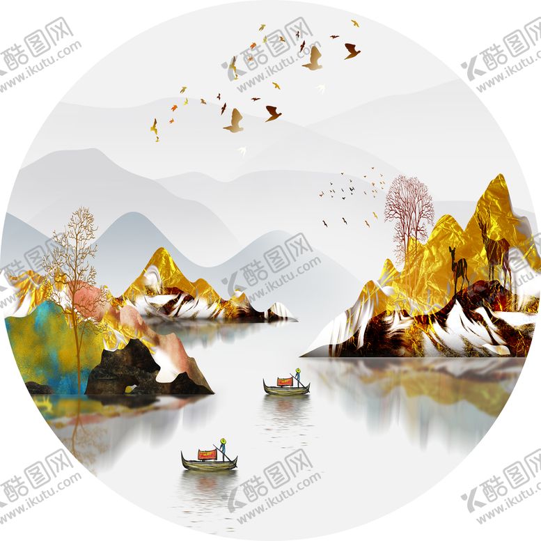 编号：79826009210910053189【酷图网】源文件下载-水墨山水湖畔艺术挂画装饰画