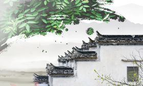 古风桃花枝头小镇古镇宣纸背景