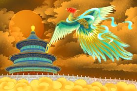 凤凰建筑古风插画卡通背景素材