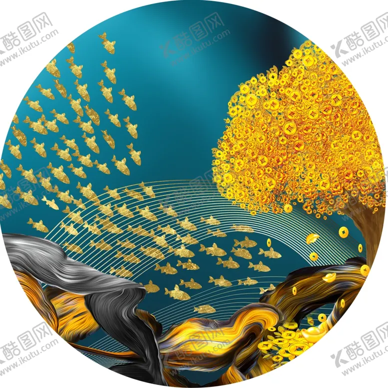 编号：39277801170456119360【酷图网】源文件下载-发财树飞鸟圆形挂画装饰画