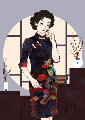旗袍女子展板文化纹理