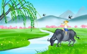 牧童骑牛行于春日田园间