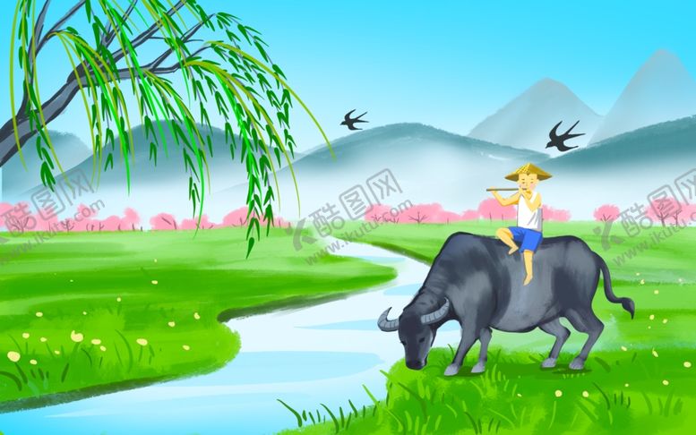 编号：51351704031126301554【酷图网】源文件下载-牧童骑牛行于春日田园间