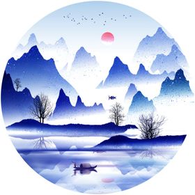 水墨山水湖畔风景画圆形挂画