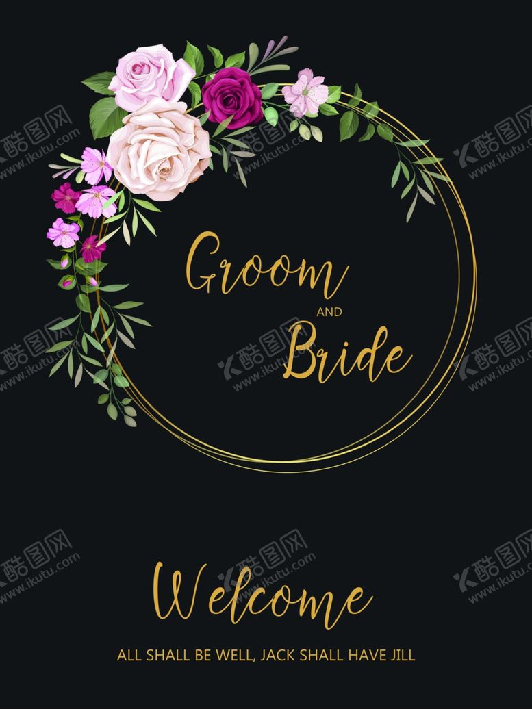 编号：72066106231906283137【酷图网】源文件下载-黑色优雅欧美花环婚礼迎宾牌