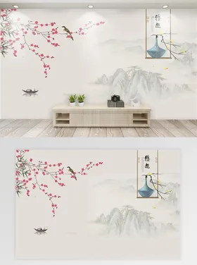 新中式手绘电视背景墙沙发背景墙