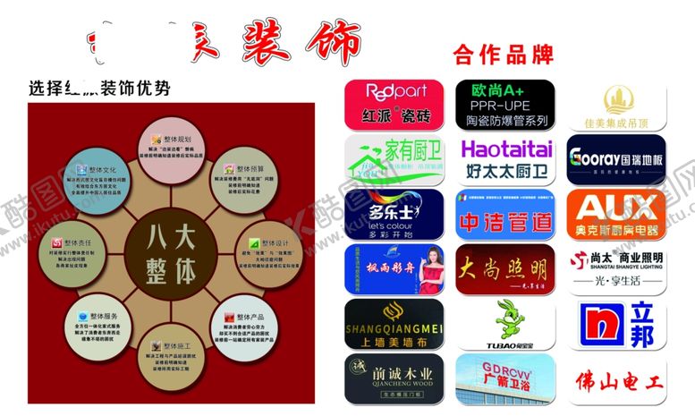 编号：13956907070010215492【酷图网】源文件下载-装饰公司合作品牌八大优势集合