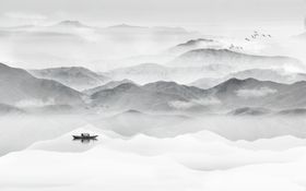 水墨山水小船背景墙