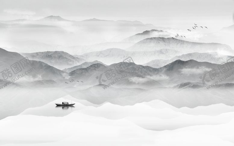 编号：16895610231102439063【酷图网】源文件下载-水墨山水小船背景墙