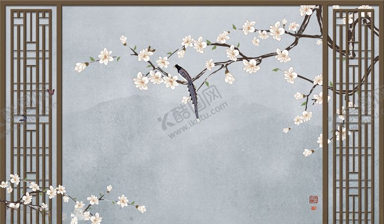编号：95061405122129204743【酷图网】源文件下载-花鸟画玉兰背景墙