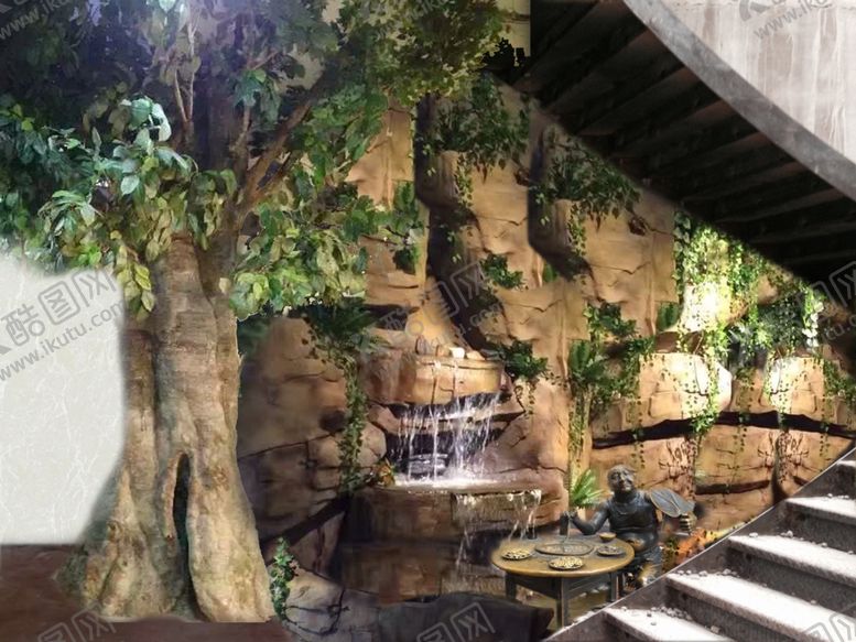 编号：47344910040334257006【酷图网】源文件下载-火锅店假山墙壁装饰效果