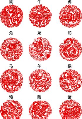 十二生肖剪纸矢量图