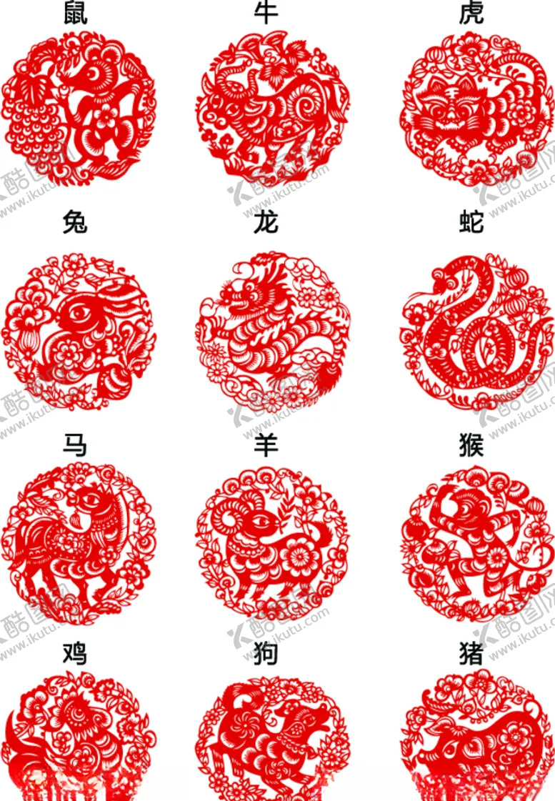 编号：86834305171618397580【酷图网】源文件下载-十二生肖剪纸矢量图图片