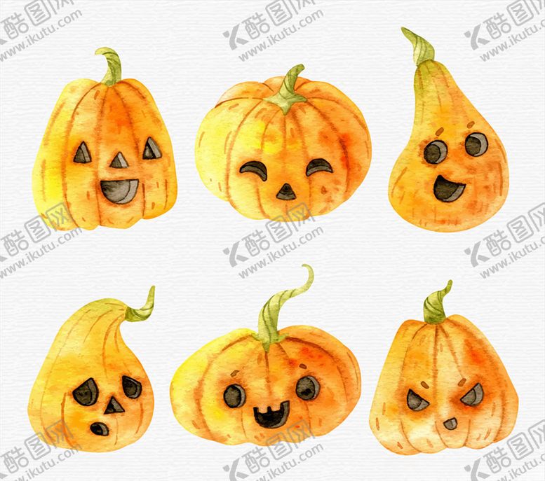 编号：83671810312047306342【酷图网】源文件下载-6款水彩绘橙色南瓜头