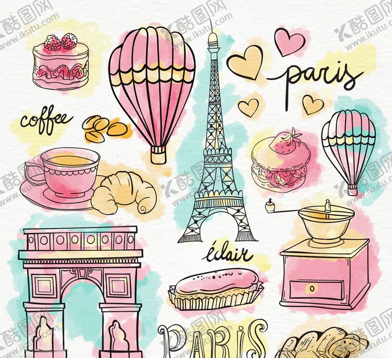 编号：69980109261245505270【酷图网】源文件下载-13款彩绘巴黎元素矢量素材