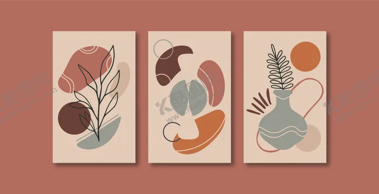 编号：16227809270044172658【酷图网】源文件下载-抽象植物装饰画三联组图