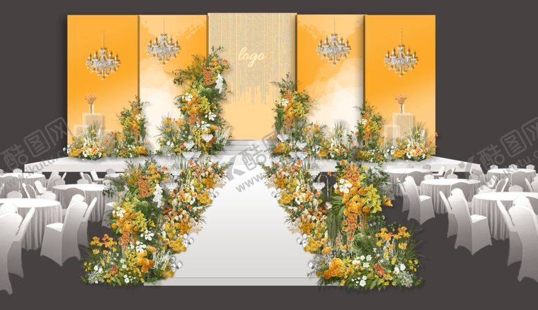 编号：80674111021243589279【酷图网】源文件下载-白绿黄色婚礼主舞台效果图