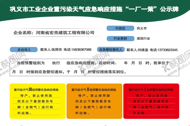 编号：36809304280247584678【酷图网】源文件下载-应急相应措施一厂一策公示牌
