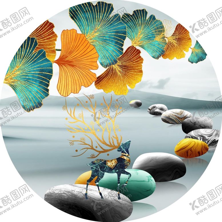 编号：02647109131741544678【酷图网】源文件下载-金色麋鹿山水银杏叶圆形玄关