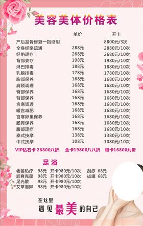 美容美体价目表