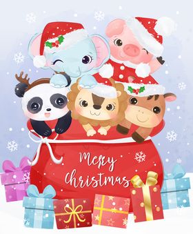 圣诞欢乐场景与可爱动物