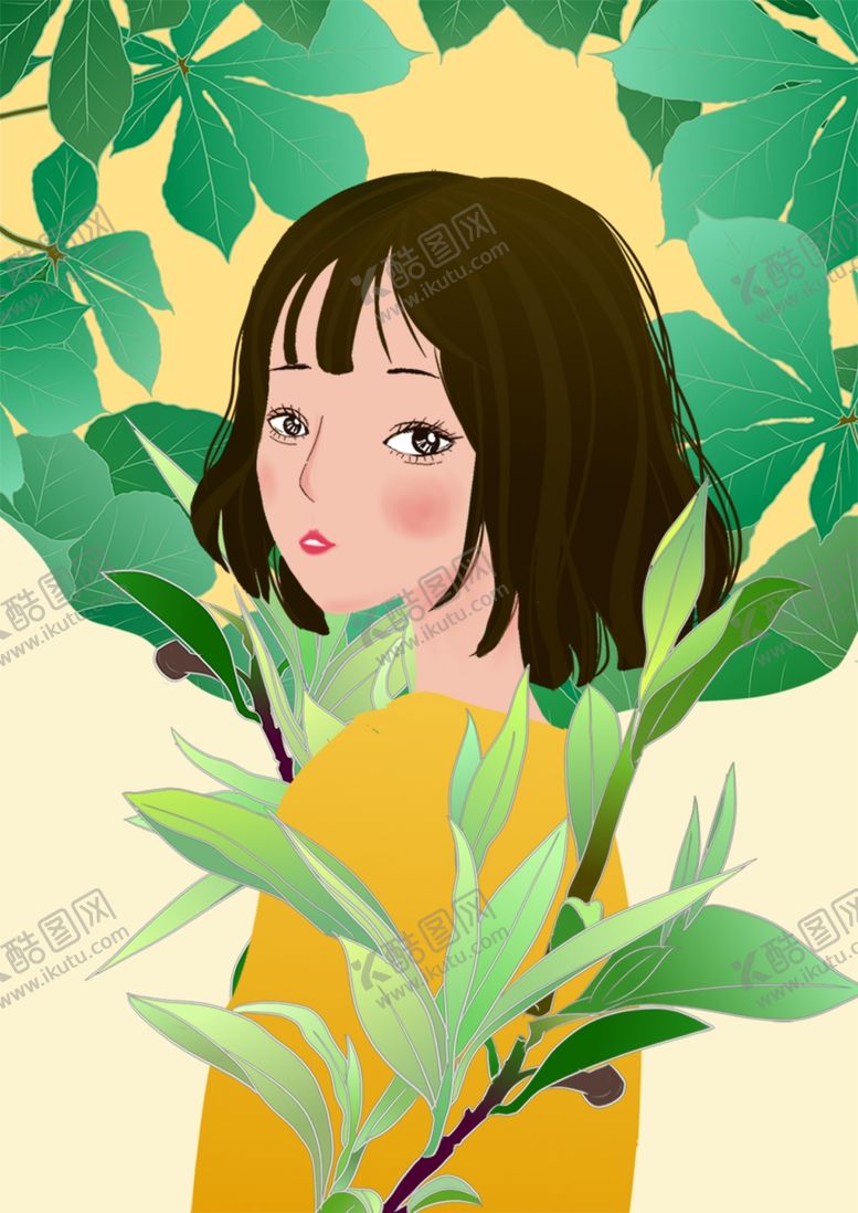 编号：40637105050303569681【酷图网】源文件下载-唯美女孩绿叶插画
