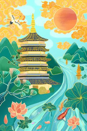 高塔复古卡通插画背景海报素材
