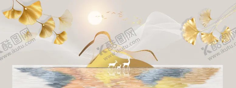 编号：45036601201818386748【酷图网】源文件下载-发财鹿麋鹿山水装饰画