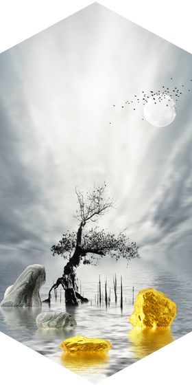 新中式金色石头大海麋鹿装饰画