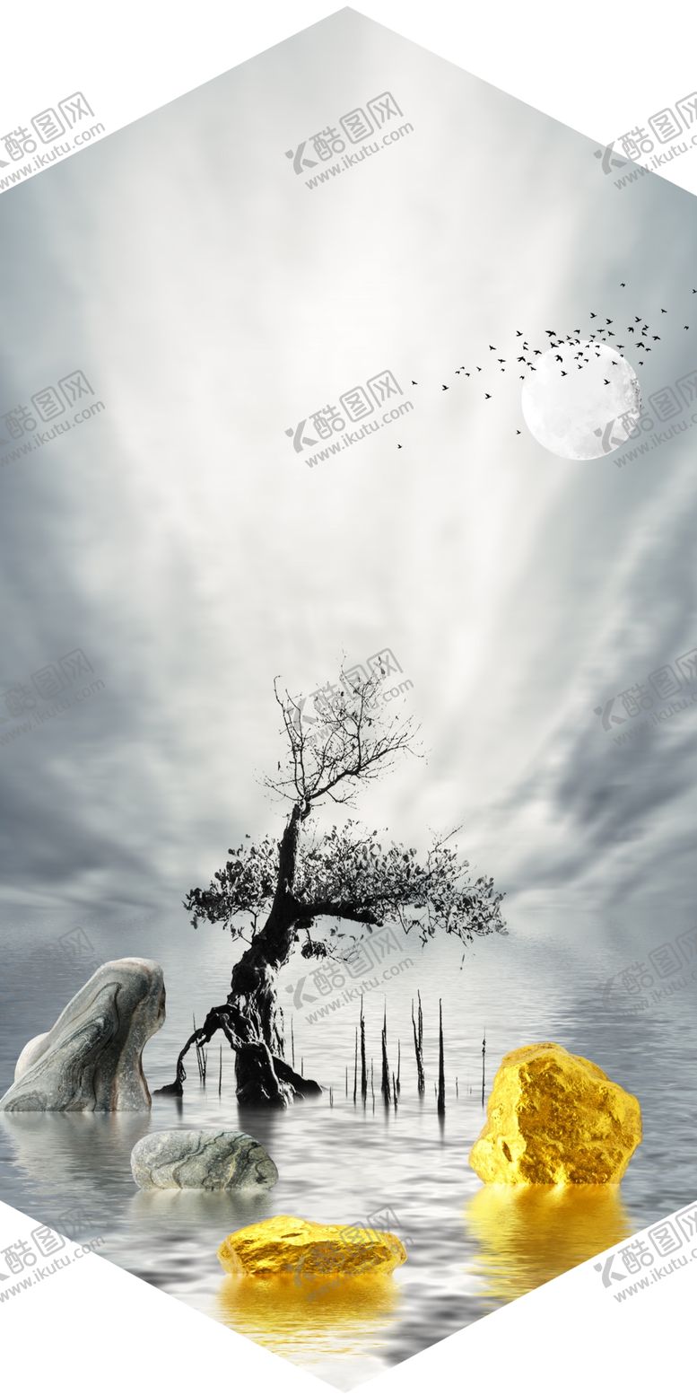 编号：29927009201717054824【酷图网】源文件下载-新中式风景金色石头装饰画