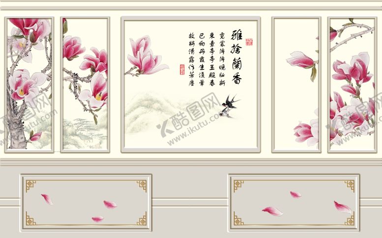 编号：82741205120613546810【酷图网】源文件下载-现代新中式玉兰花燕子电视背景墙