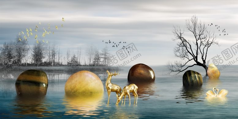 编号：45890210061930135011【酷图网】源文件下载-山水画石头鹿背景墙