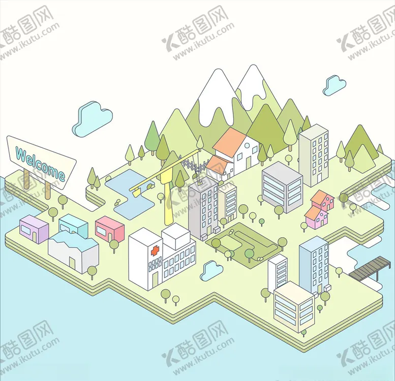 编号：30058304161410541988【酷图网】源文件下载-插画城市清新手绘卡通岛屿