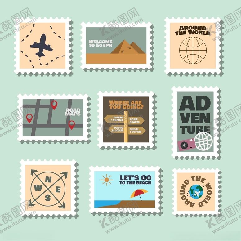 编号：96265411210013439489【酷图网】源文件下载-复古旅行邮票图案集合