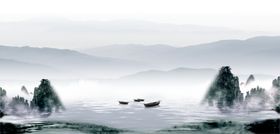 水墨山水间的孤舟意境