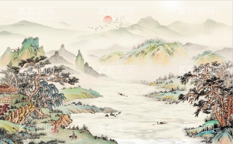 编号：21076409140303512978【酷图网】源文件下载-新中式仿古山水国画电视背景墙