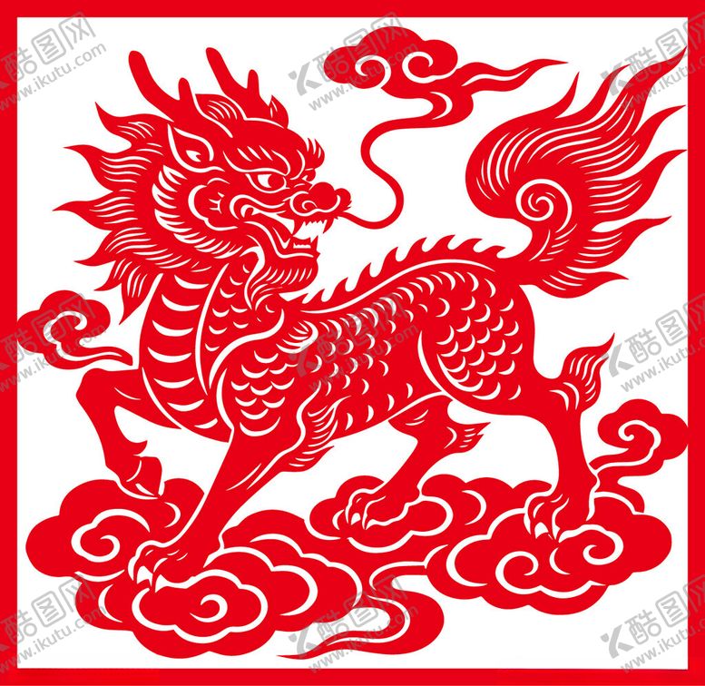 编号：84275405240834595893【酷图网】源文件下载-红色剪纸麒麟腾云图