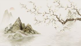 水墨山水梅花太阳背景墙