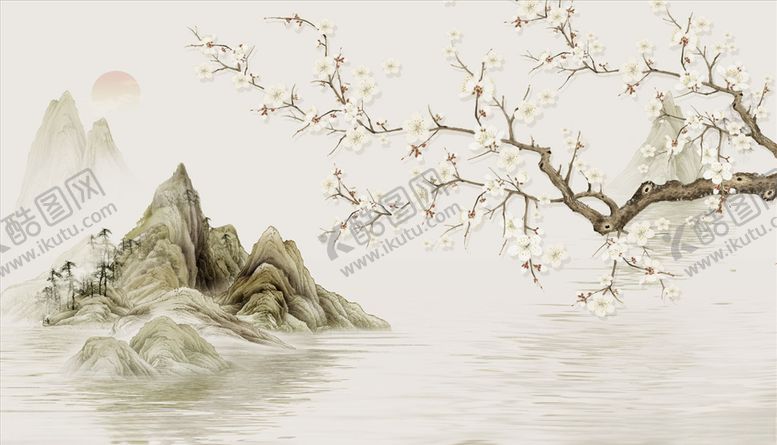 编号：86265204281822591873【酷图网】源文件下载-水墨山水梅花太阳背景墙