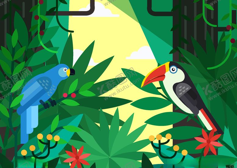 编号：21217209292110065181【酷图网】源文件下载-创意树林花卉和鹦鹉