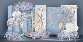 蓝色新中式婚礼迎宾区
