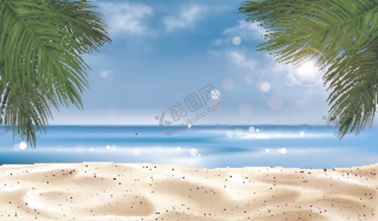 编号：76789009261410344953【酷图网】源文件下载-夏天蓝天白云沙滩植物