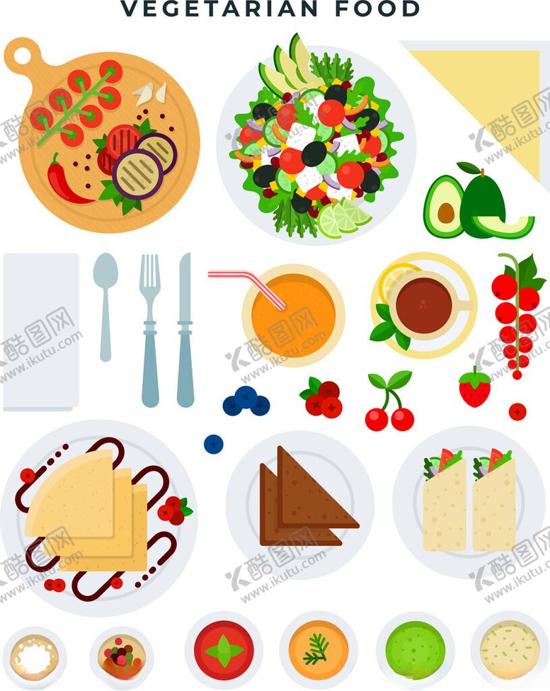 编号：56718911200506145602【酷图网】源文件下载-多样矢量美食与餐具元素