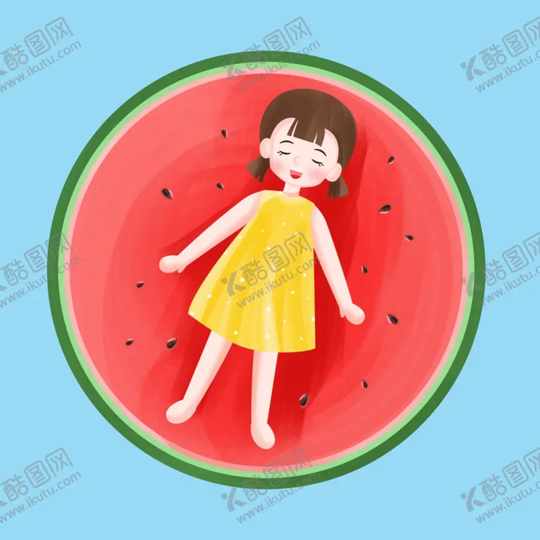 编号：70028906251630445365【酷图网】源文件下载-立夏之手绘卡通躺在西瓜里的女孩