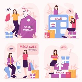 女性购物狂欢插画场景