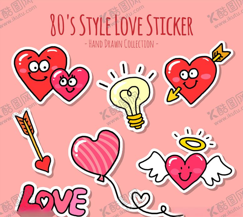 编号：44102310050041342471【酷图网】源文件下载-可爱80年代爱心贴纸矢量素材