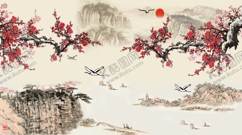 编号：85105410282210326658【酷图网】源文件下载-梅花水墨山水背景