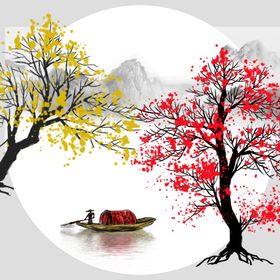 红叶小船中式圆形装饰画新图