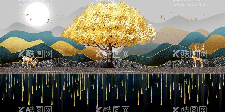 编号：65291409200147496943【酷图网】源文件下载-金色麋鹿山水装饰画