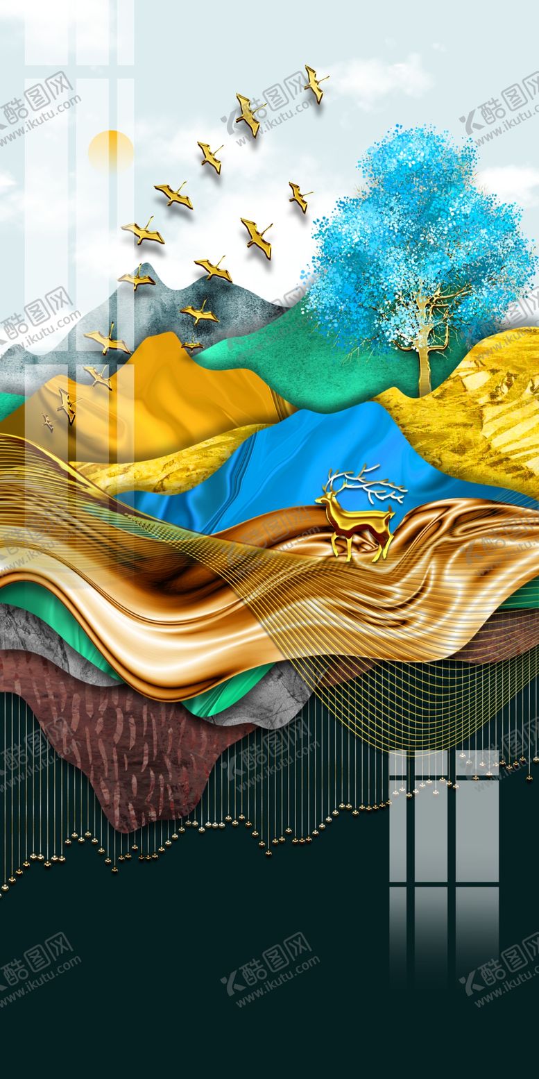 编号：89482909230227548993【酷图网】源文件下载-手绘轻奢风景水墨山水发财树麋鹿